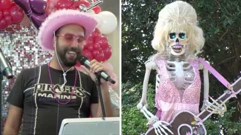 A split screen of a man in a pink cowboy hat singing karaoke on stage and a skeleton of the late Dolly Parton on the right.