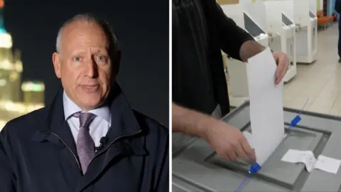 Split image, Steve Rosenberg on left, ballot being cast on right
