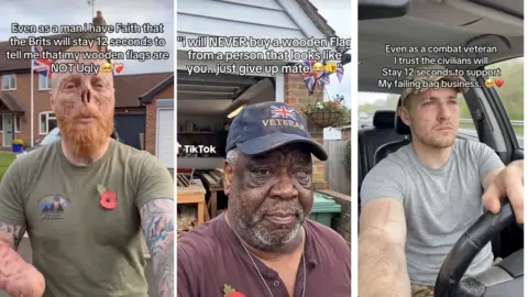 Three screenshots of TikTok videos showing AI-generated servicemen who claim they are making products