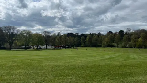 A large open space of green grass that has been mown. There are green trees surrounding it and people walking across the grass