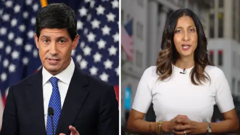 A split screen of a man in a suit on the left and a woman on the right in a white top.