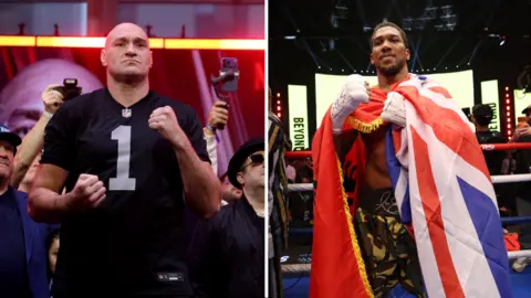 Side by side images of Tyson Fury and Anthony Joshua. Fury has a black NFL top with the number one on it. Joshua is wrapped in a Union Jack flag with khaki shorts on.
