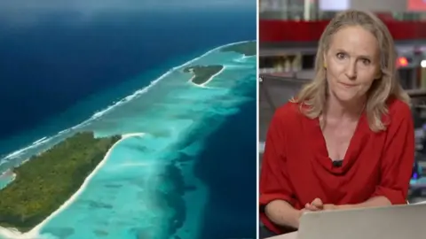 Split-screen image. On the right, BBC correspondent Caroline Hawley. On the left, an aerial view of Chagos Islands.