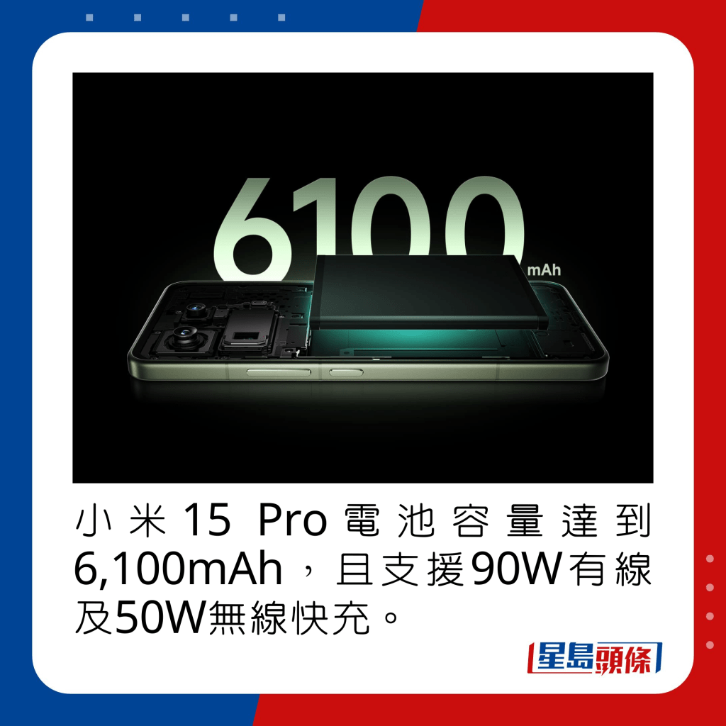 小米15 Pro電池容量達到6,100mAh，且支援90W有線及50W無線快充。