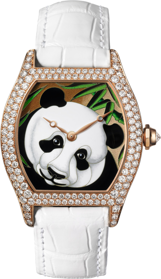 Cartier Tortue Panda腕錶，玫瑰金錶殼，錶圈鑲鑽，錶盤內填琺瑯彩繪，限量發行。（2010年）