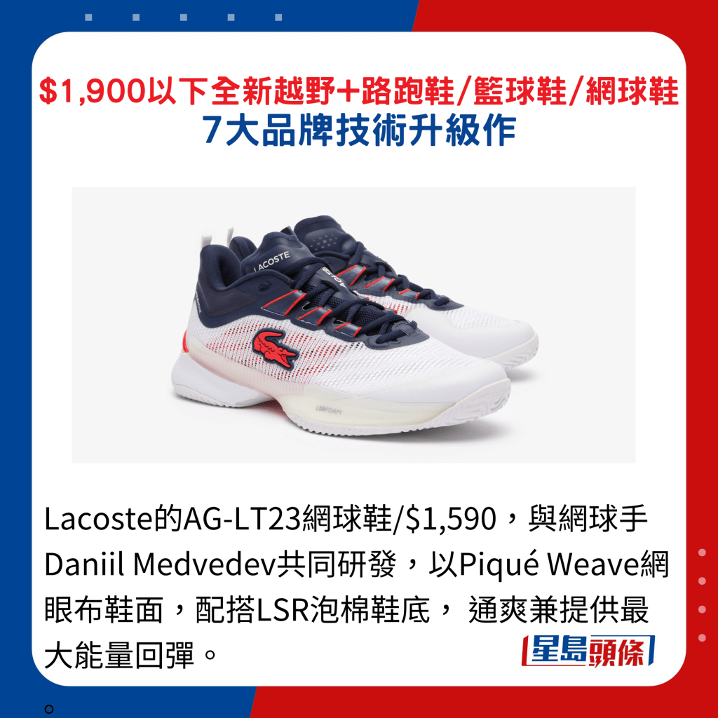 Lacoste的AG-LT23網球鞋/$1,590，與網球手Daniil Medvedev共同研發，以Piqué Weave網眼布鞋面，配搭LSR泡棉鞋底， 通爽兼提供最大能量回彈。 