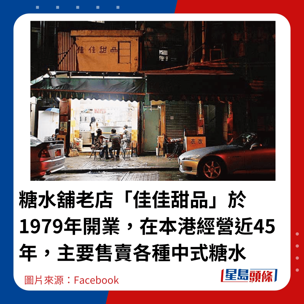 糖水舖老店「佳佳甜品」於1979年開業，在本港經營近45年，主要售賣各種中式糖水