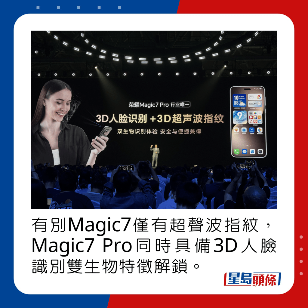 有別Magic7僅有超聲波指紋，Magic7 Pro同時具備3D人臉識別雙生物特徵解鎖。