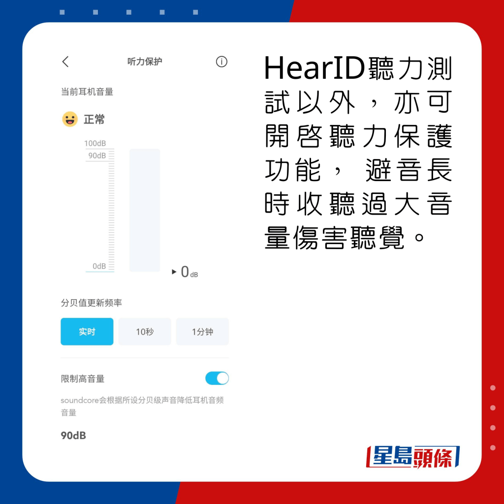 HearID聽力測試以外，亦可開啟聽力保護功能， 避音長時收聽過大音量傷害聽覺。