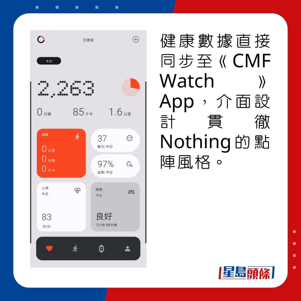 健康數據直接同步至《CMF Watch》App，介面設計貫徹Nothing的點陣風格。