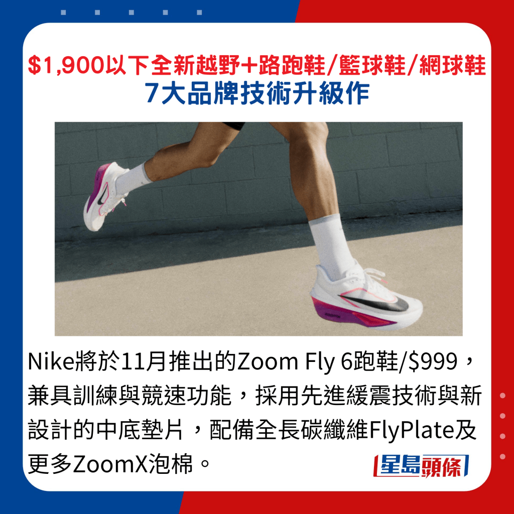 Nike將於11月推出的Zoom Fly 6跑鞋/$999，兼具訓練與競速功能，採用先進緩震技術與新設計的中底墊片，配備全長碳纖維FlyPlate及更多ZoomX泡棉。