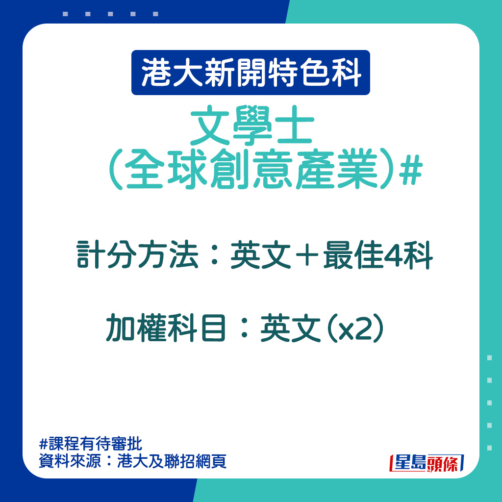 港大新開特色科｜文學士（全球創意產業）的計分方法。