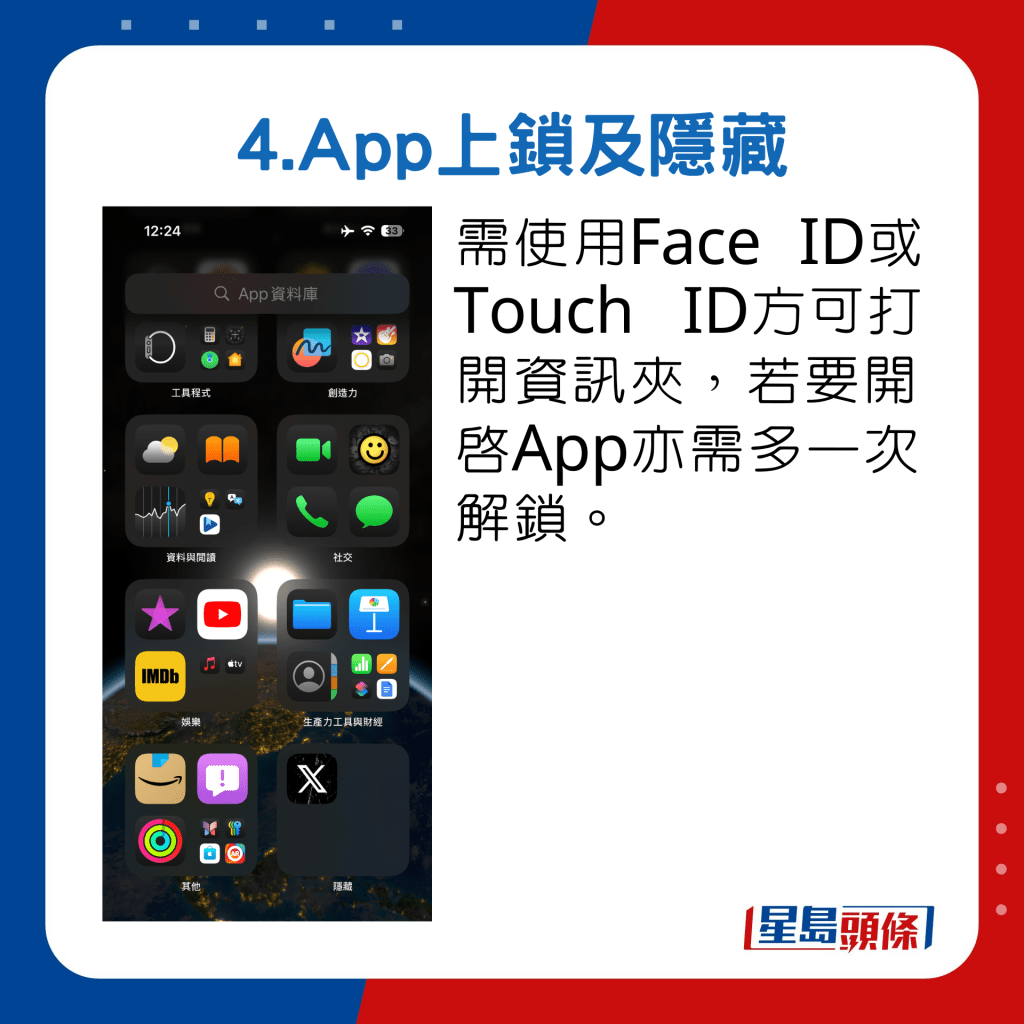 需使用Face ID或Touch ID方可打開資訊夾，若要開啟App亦需多一次解鎖。