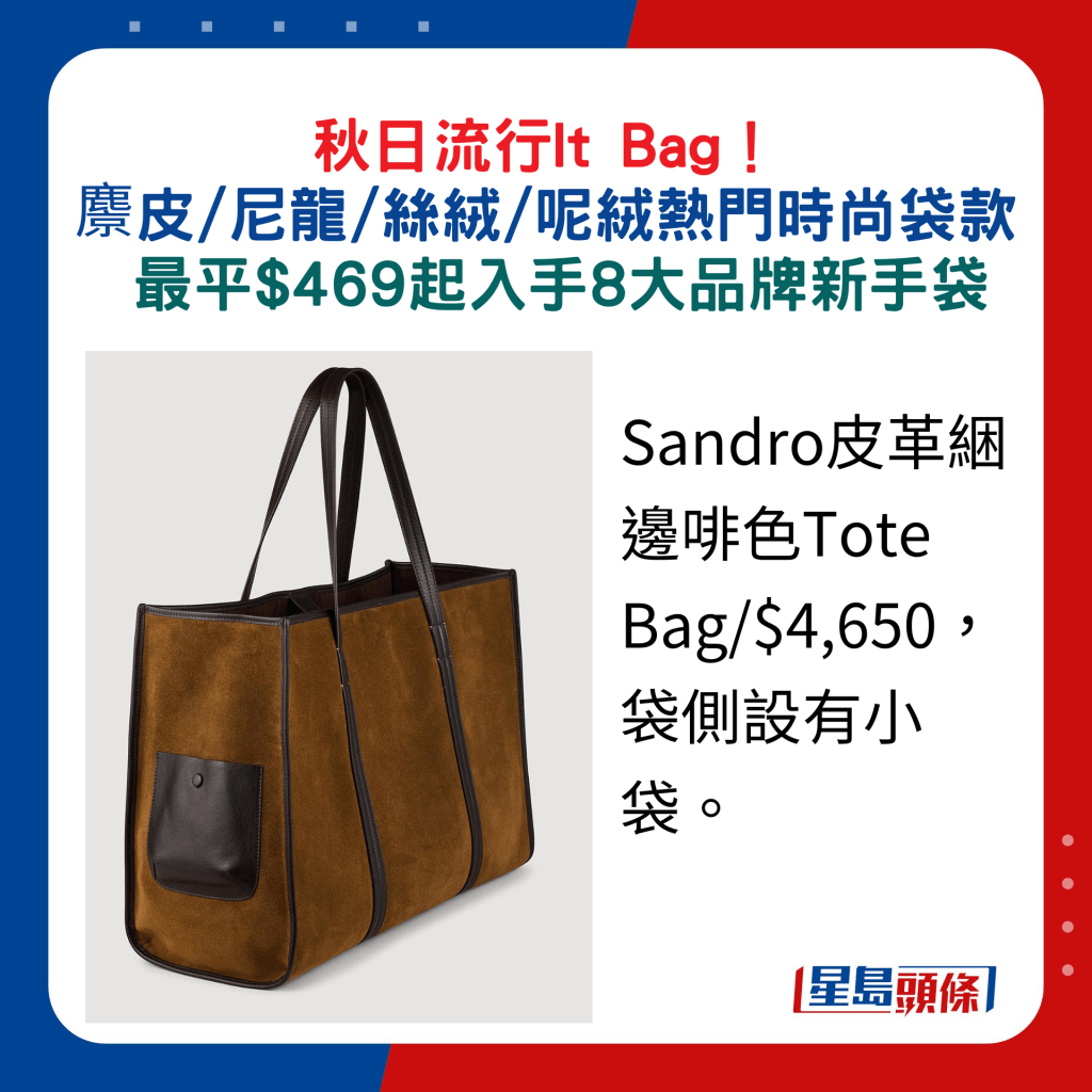 Sandro皮革綑邊啡色Tote Bag/$4,650，袋側設有小袋。