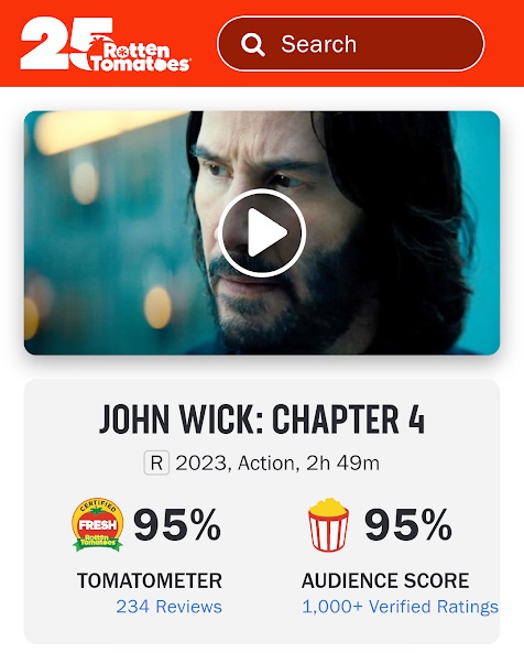 《殺神John Wick 4》上映時在爛番茄網站獲得新鮮度和爆谷指數同為95%。