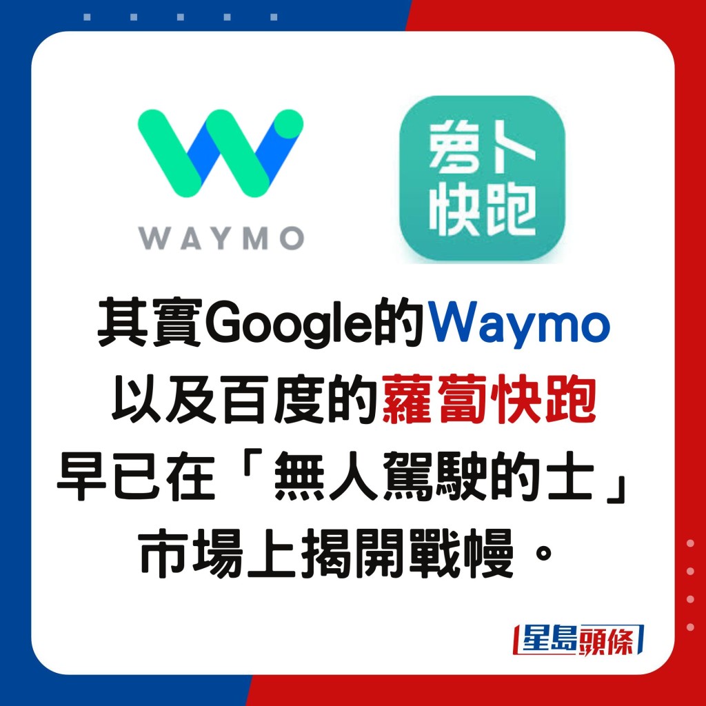 其實Google的Waymo 以及百度的蘿蔔快跑 早已在「無人駕駛的士」市場上揭開戰幔。