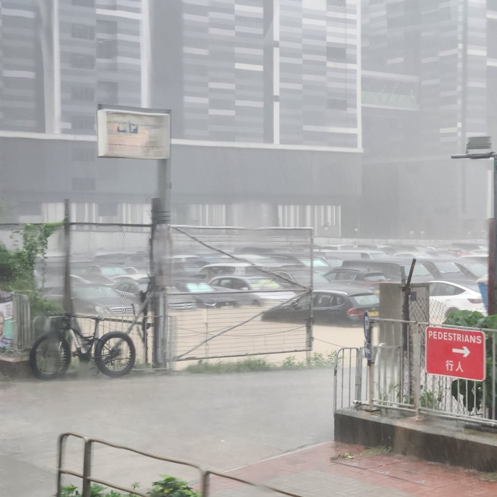 將軍澳保大道露天停車場成澤國，水深半架車高，不少車輛在泥水中間。