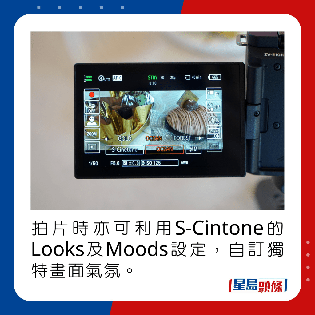 拍片時亦可利用S-Cintone的Looks及Moods設定，自訂獨特畫面氣氛。