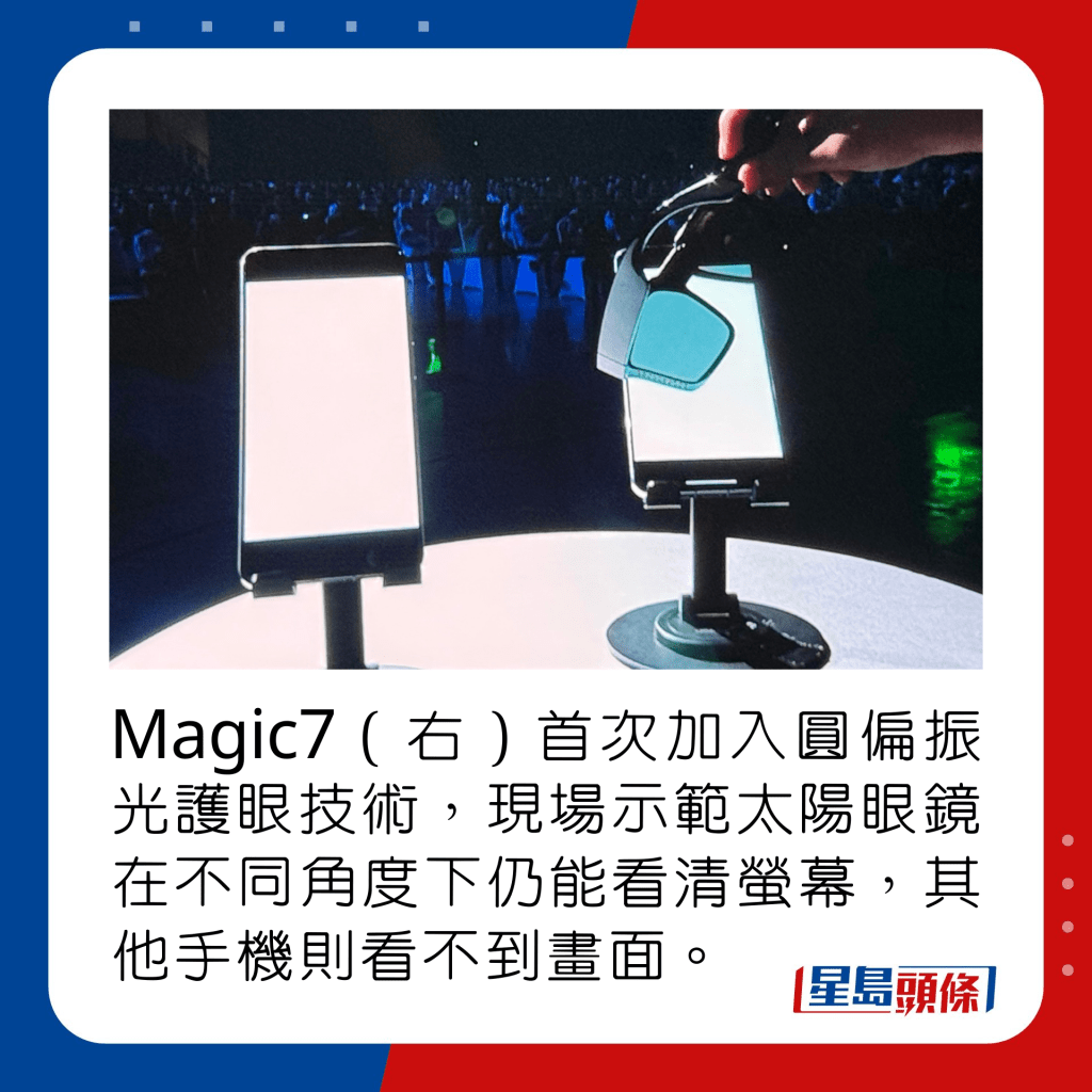 Magic7（右）首次加入圓偏振光護眼技術，現場示範太陽眼鏡在不同角度下仍能看清螢幕，其他手機則看不到畫面。