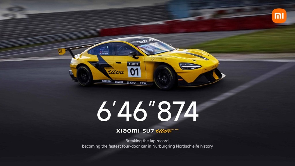 小米Xiaomi高性能版本電動車SU7 Ultra Prototype在德國紐布靈北環Nürburgring Nordschleife賽道造出6分46.874秒圈時，刷新全球最快四門車紀錄。