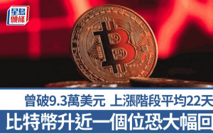 比特币曾破9.3万美元 分析称上涨阶段平均22天 升近一个位恐大幅回调