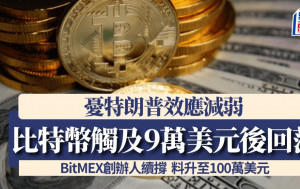 比特币触及9万美元后回落 忧特朗普效应减弱 BitMEX创办人续撑 料升至100万美元