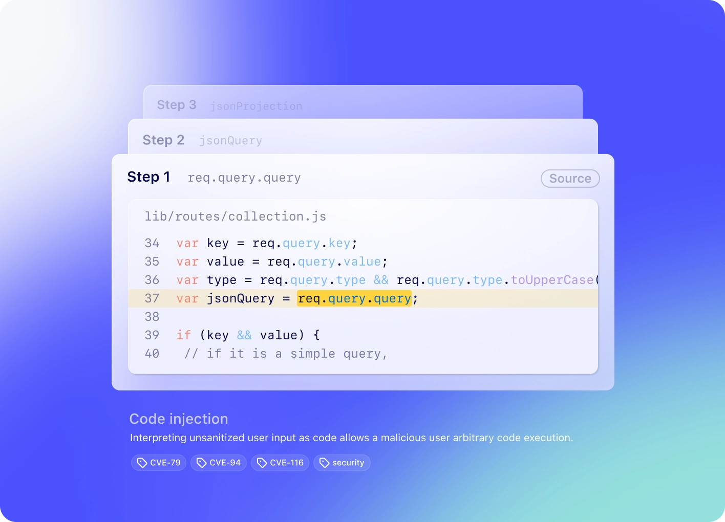 Test highlighting code and displaying the heading "Code injection" and description "Interpreting unsanitized user input as code allows a malicious user arbitrary code execution."