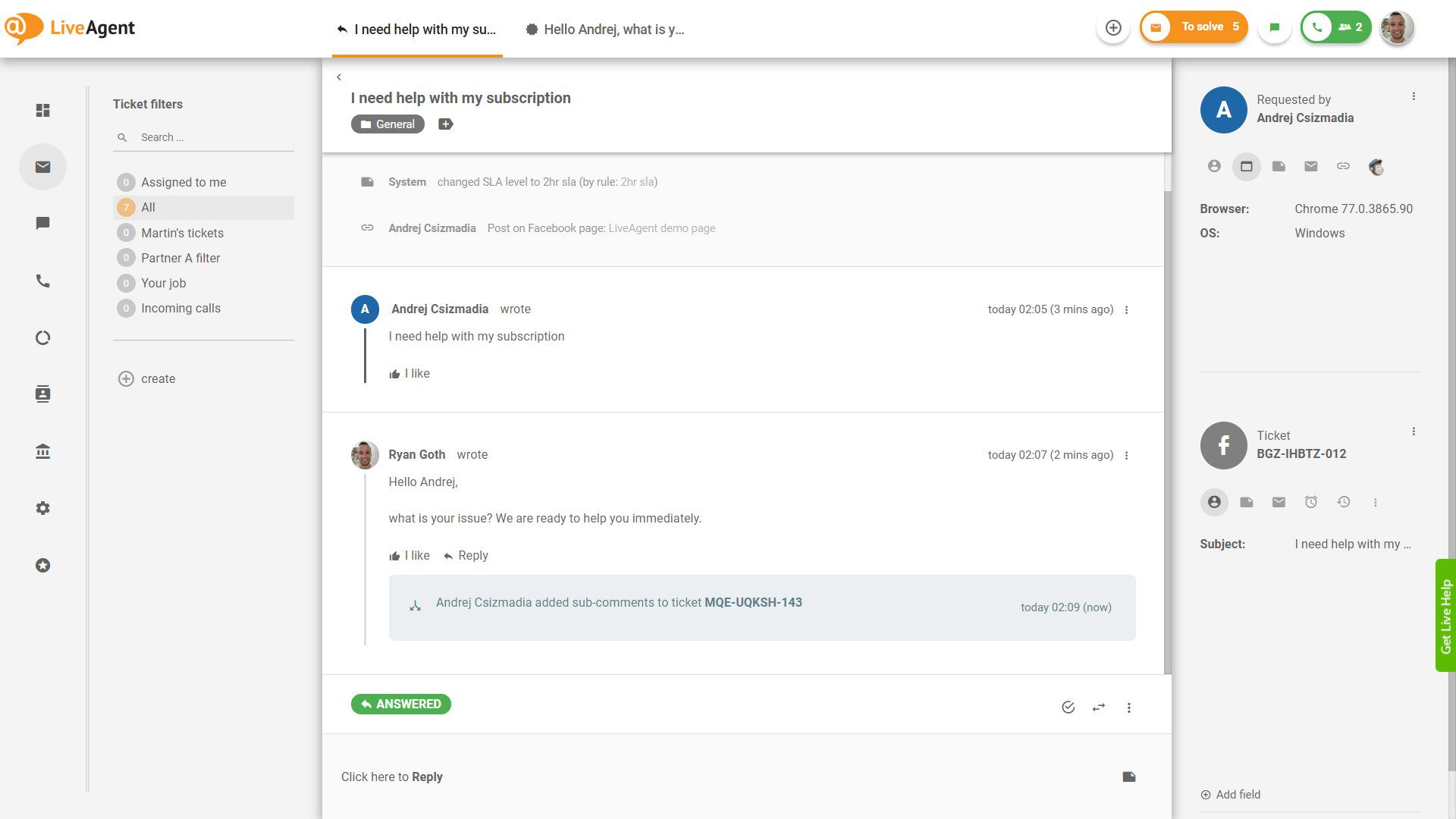 Facebook-Kommentar - Ansicht in LiveAgent