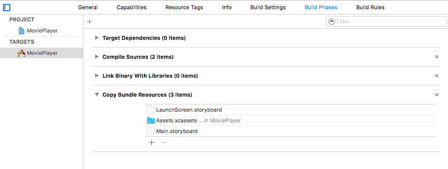 Copy Bundle Resources の表示をチェック