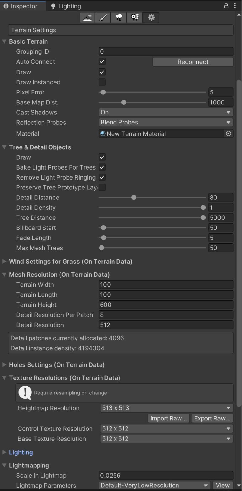 動作を改善する前のTerrainの設定