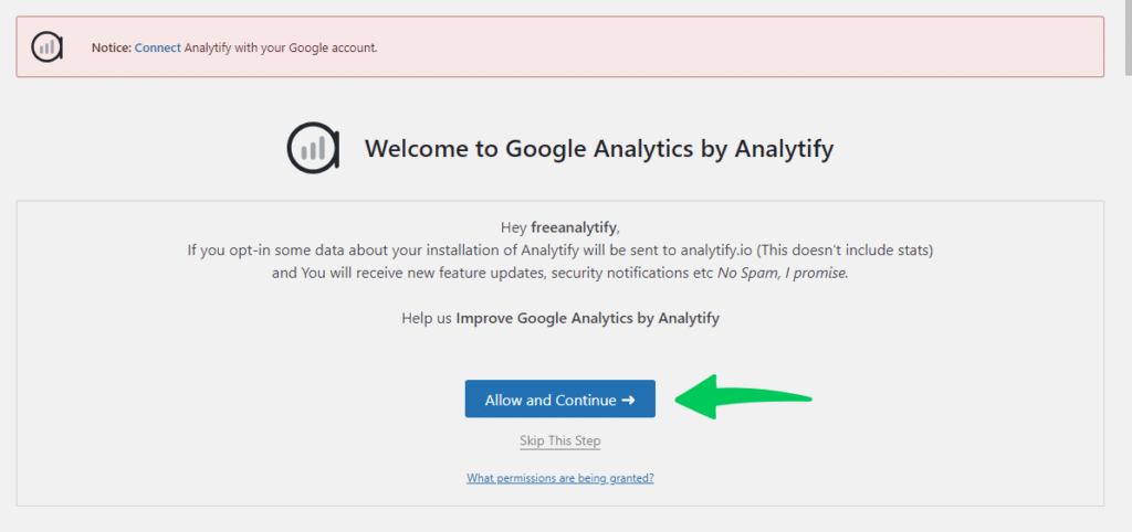 Analytify connect notice