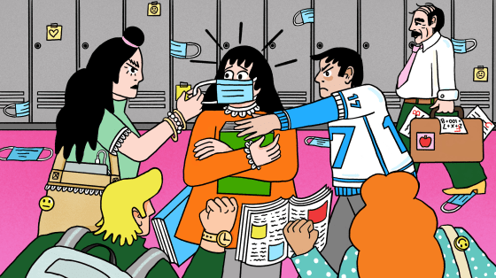 Illustration of a teenage girl wearing a mask being bullied by other maskless students in a school hallway as a maskless teacher walks by.
