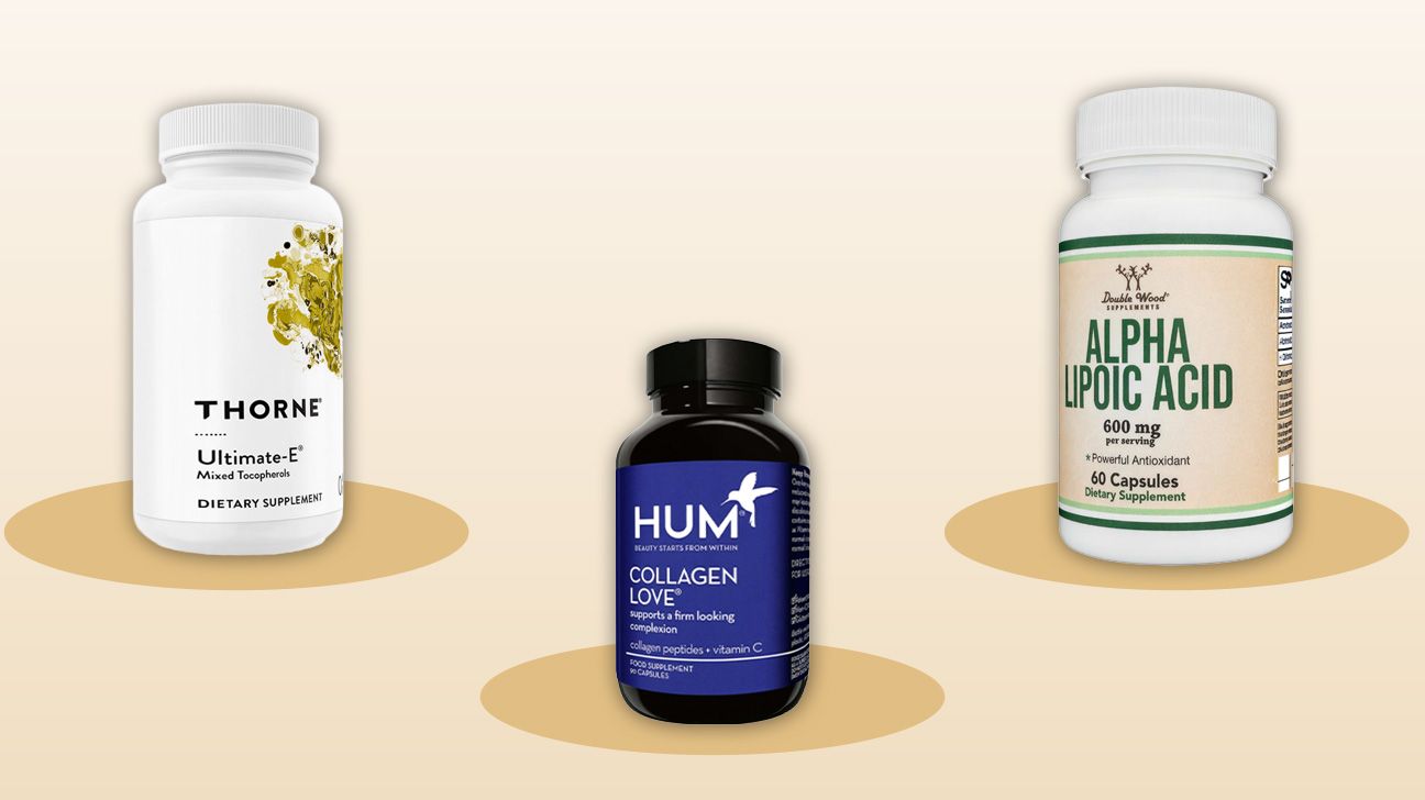 Three of the best antioxidant vitamin products on a yellow background.