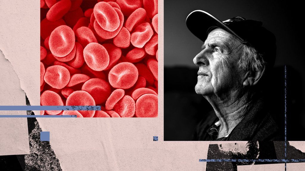 A collage showing red blood cells and an older adult.