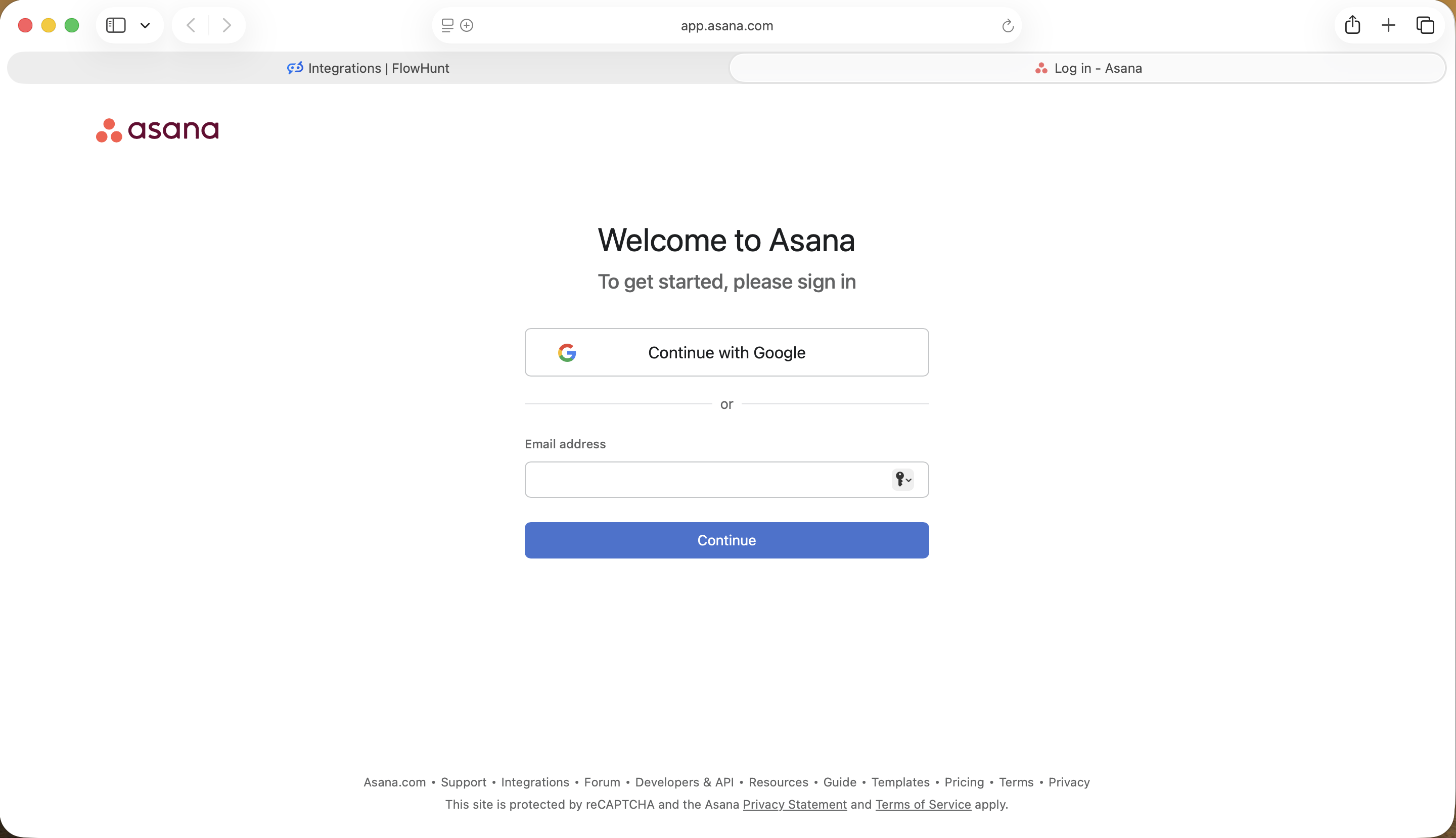Page de connexion Asana montrant Continue with Google et les options de connexion par e-mail