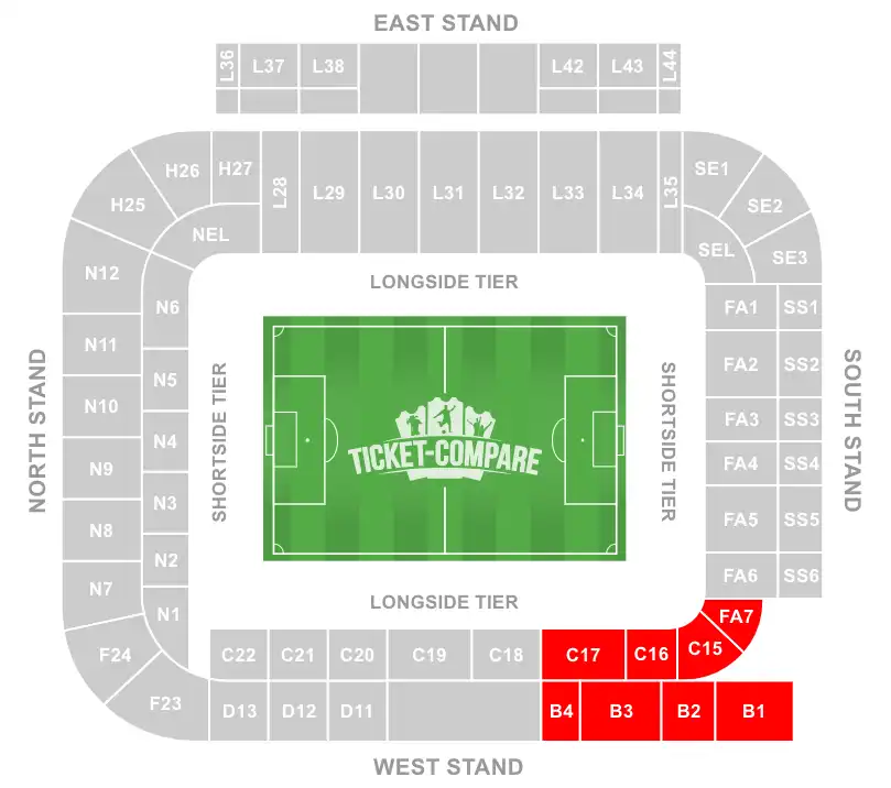Elland Road Stadium Seating Plan with Away section highlighted