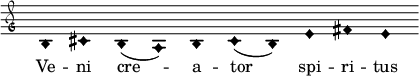  { \clef "petrucci-g" \override Staff.TimeSignature #'stencil = ##f \set Score.timing = ##f \override Voice.NoteHead #'style = #'harmonic-black b1 cis'1 b1 (a1) b1 cis'1 (b1) e'1 fis'1 e'1 } \addlyrics { Ve -- ni cre -- a -- tor spi -- ri -- tus } 