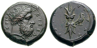 Monnaie de Syracuse représentant à l'avers la tête de Zeus Eleutherios (« libérateur ») de profil avec une couronne, et au revers le foudre et l'aigle de Zeus. Vers 357-354 av. J.-C.