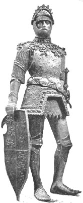 Homme en armure, statue vue en contre-plongée