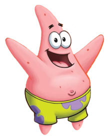 A smiling pink starfish wearing green trunks