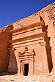 The facade of a tomb with its details and architectural elements in Hegra, Saudi Arabia