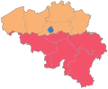 Belgias provinser: Vallonia (rødt), Brussel (blått), Flandern (orange).