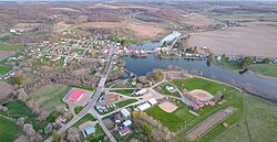 Wis-58 runs through town. Lee Lake is formed by the hydroelectic dam.