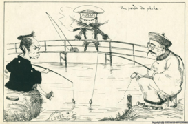 caricature de presse montrant trois hommes en train de pêcher dans le même petit plan d'eau. Leurs costumes montrent qu'ils viennent du Japon, de Chine, et de Russie.