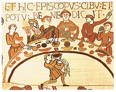 Banquete representado en el tapiz de Bayeux, siglo XI.