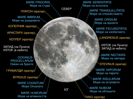 Лунните морета и по-значимите кратери на близката страна на Луната.