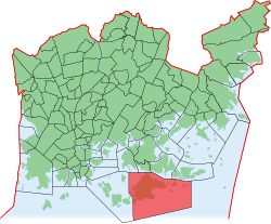 Kaupungin kartta, jossa Santahamina korostettuna. Helsingin kaupunginosat