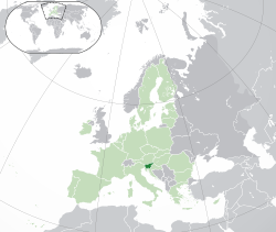 Location of  ස්ලෝවේනියාව  (dark green) – in Europe  (green & dark gray) – in the යුරෝපියානු සංගමය  (green)  –  [Legend]