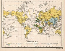 Map of world currency systems. 1907 Countries with a gold standard are highlighted in yellow, countries with a silver standard are highlighted in blue, countries with a bimetallic standard are highlighted in green.