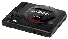 An edition of the original model of the Sega Genesis. It is a black system that resembles an audio player, with a slot on top to insert game cartridges.